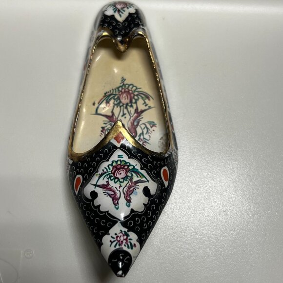 Antique 1900's Persian Enamel on Copper Islamic Art Paint Shoe Ashtray Black Pro - Picture 2 of 8